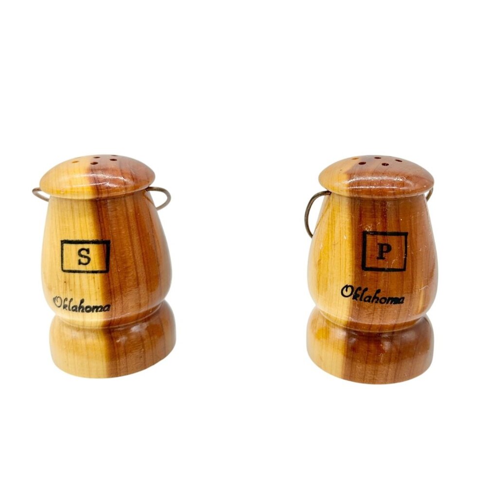 Wooden Oklahoma Salt and Pepper Shakers With Metal Handles Rustic Kitchen Decor